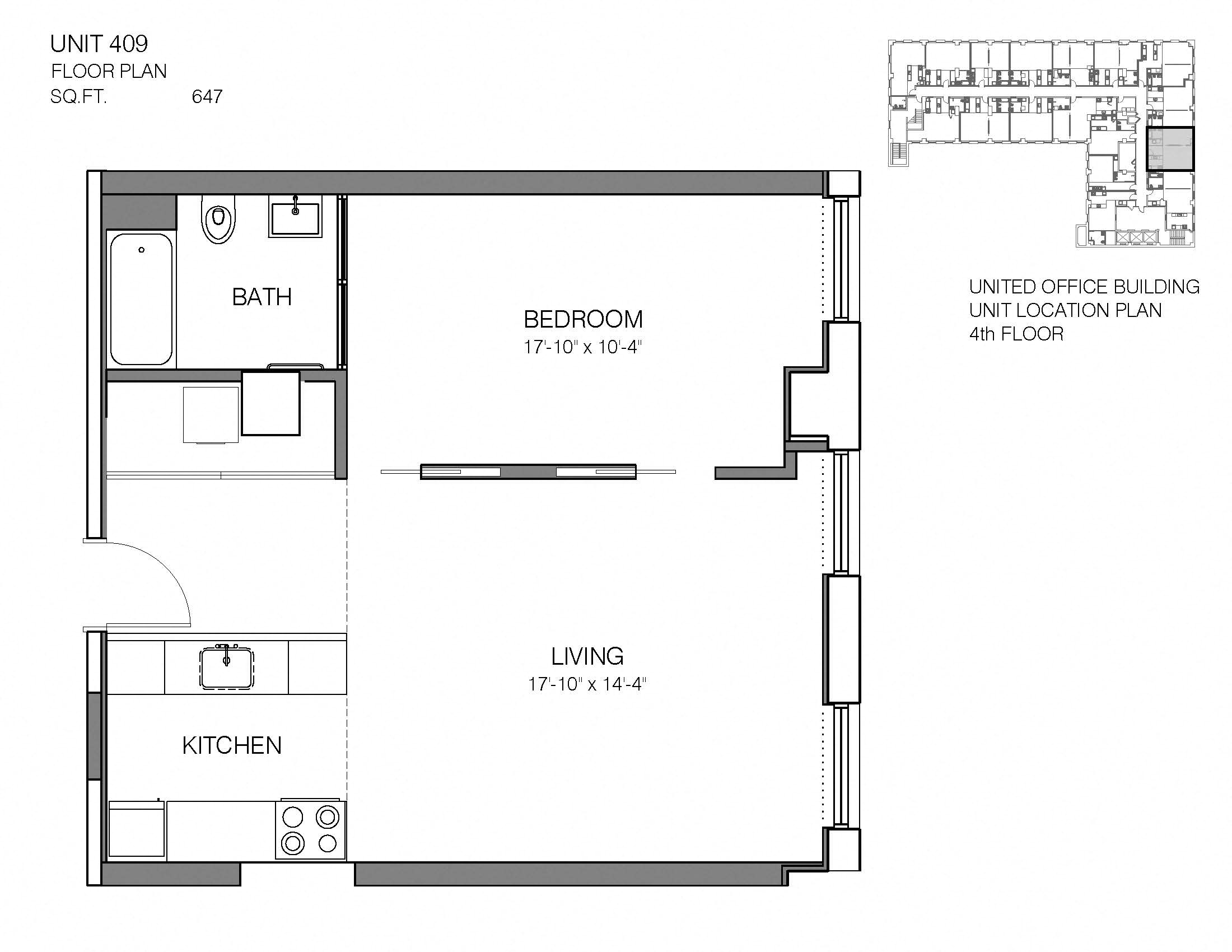 Floor plan for 1 bed, 1 bath, 647 sqft